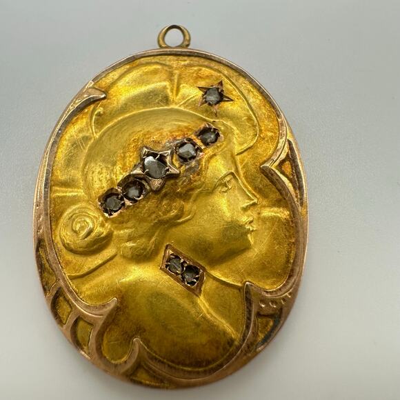 Antique Art Nouveau solid 18kt gold rose cut natural diamonds cameo pendant - Picture 2 of 10